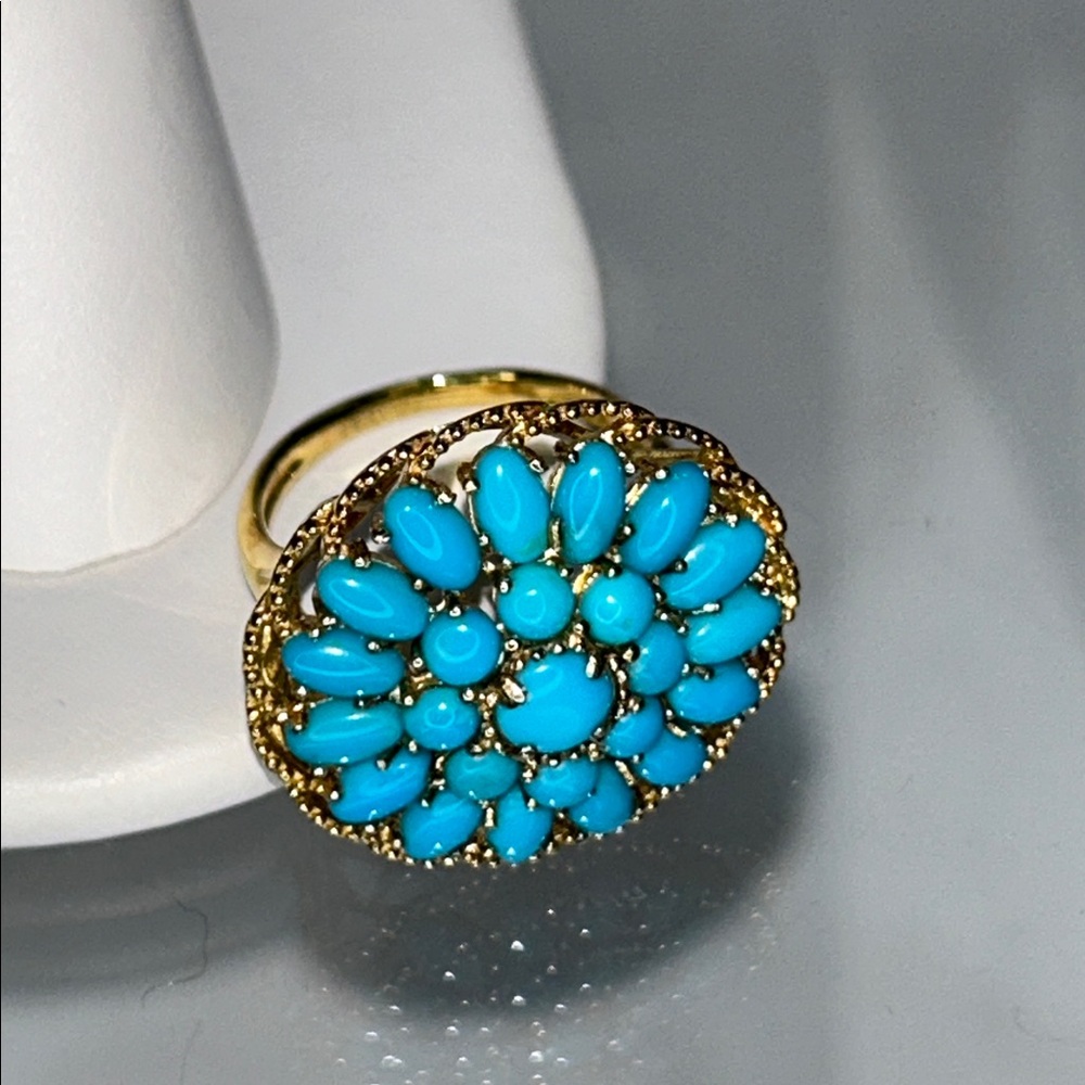 NWOT Genuine Turquoise Gemstone Gold Plated Sterling Silver Designer Ring Boho - Picture 8 of 9